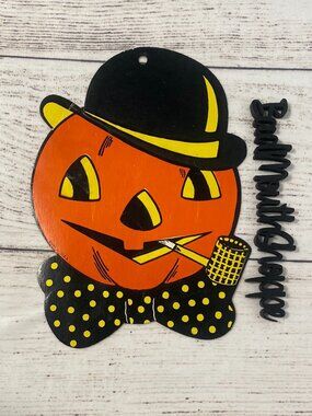 Vintage Halloween Luhrs Diecut Embossed Pumpkin Jack-O-Lantern Derby Pipe JOL